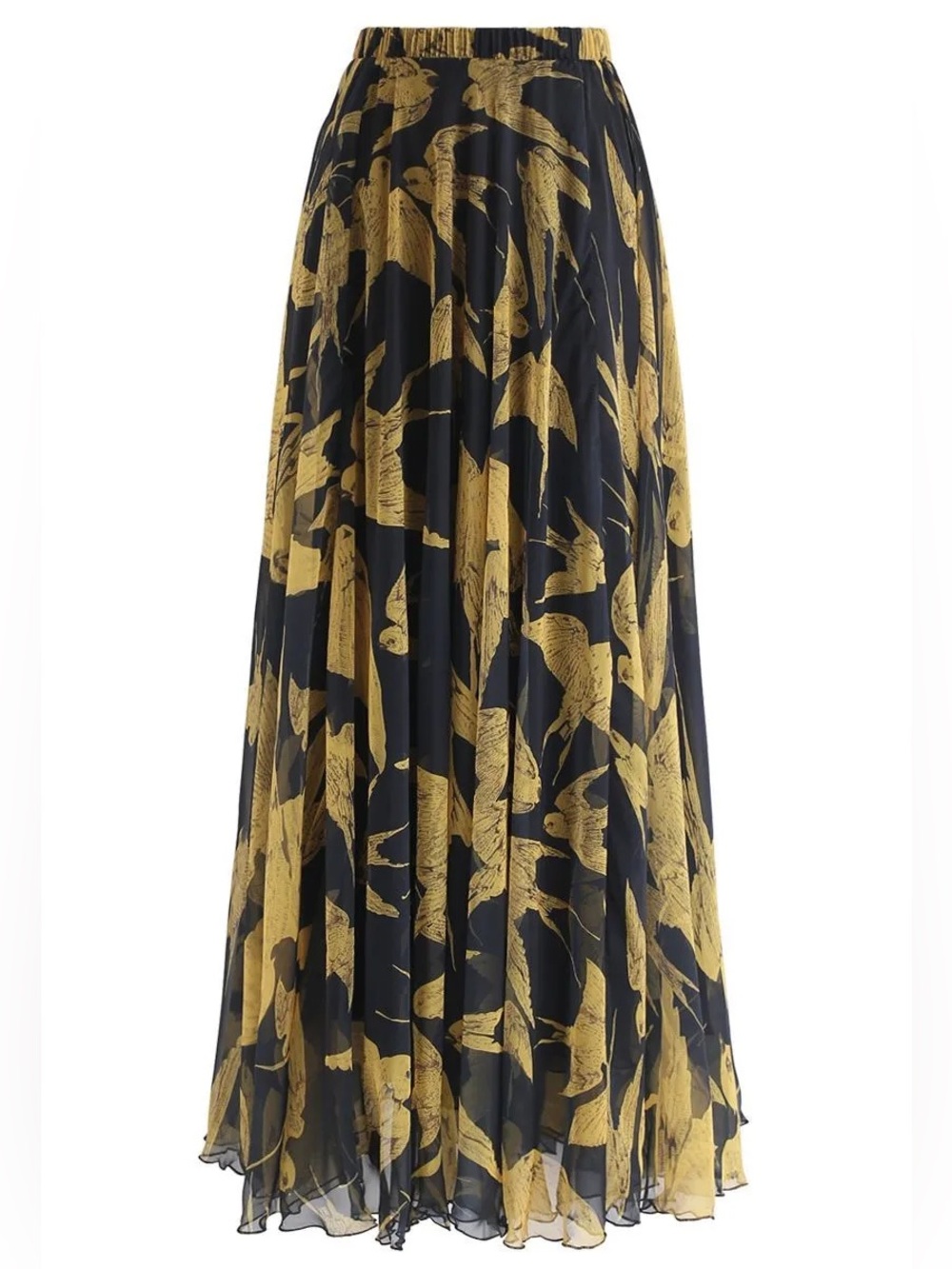 Chicwish Black Gold Swallows Bird Chiffon Maxi Skirt XS